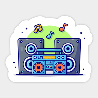 Retro Portable Radio Cassete Recorder with Sound Speaker and Notes of Music Cartoon Vector Icon Illustration Sticker